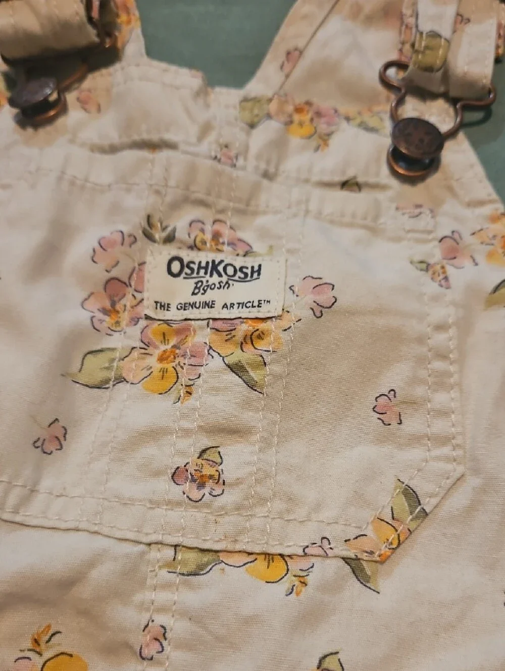 OshKosh B'gosh Cream Floral Short Overalls with Pink & Yellow Flowers - Size 5T
